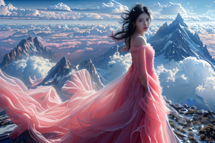 sdzs01,1girl,long hair,mountain,solo,cloud,pink dress,black hair,looking at viewer,outdoors,blue sky,bare shoulders,cloudy sky,scenery,,, best quality, ultra-detailed, masterpiece, finely detail, highres, 8k wallpaper