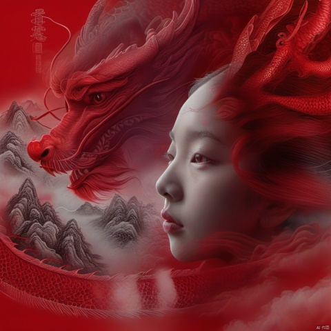  longren1, dragon, eastern dragon, mountain, solo, 1girl, realistic, lips, closed mouth, sky,Red theme,