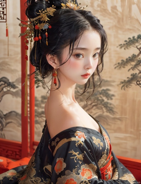  kq01,1girl,solo,black hair,bare shoulders,dress,full body,(high quality), best quality, (4k), 8k, super detailed, (full detail), (masterpiece), (realistic), super detailed,(Exquisite details) ,intricate, traditional chinese ink painting, 1girl, nvwangZ