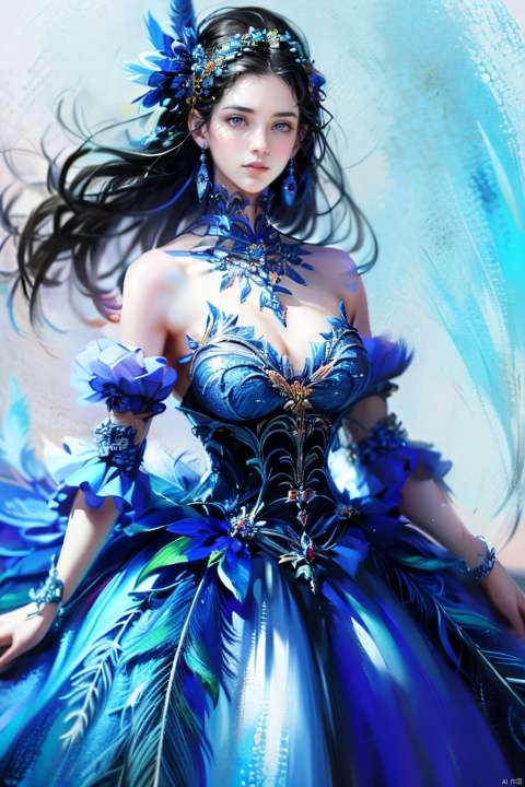 kq01,1girl,solo,black hair,bare shoulders,dress,full body,feathers,, (high quality), best quality, (4k), 8k, super detailed, (full detail), (masterpiece), (realistic), super detailed,(Exquisite details) ,intricate, kq01