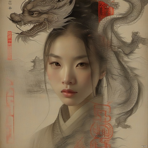  longren1,eastern dragon,dragon,1girl,east asian architecture,solo,looking at viewer,portrait,closed mouth,