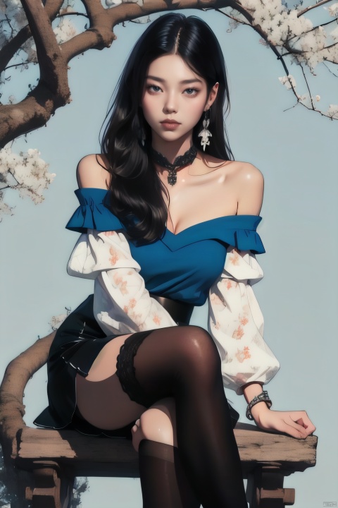  swmm,1girl,solo,thighhighs,jewelry,black hair,skirt,earrings,long hair,shirt,sitting,black skirt,bracelet,off shoulder,blue shirt,bare shoulders,looking at viewer,black thighhighs,crossed legs,off-shoulder shirt,collarbone,branch,cleavage,black eyes,arm support,puffy sleeves,,, masterpiece, best quality,
