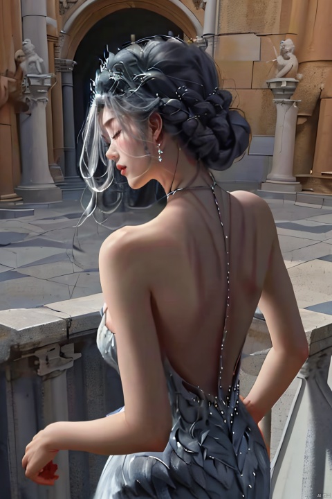  huiren01, 1girl, solo, dress, braid, bare shoulders, grey hair, from behind, arms behind back, back, backless dress, ballerina, upper body, backless outfit, closed eyes, back focus, tiara, white dress,,, masterpiece, best quality,