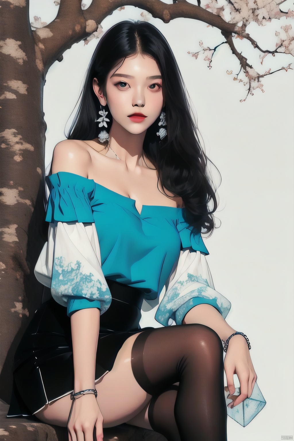  swmm,1girl,solo,thighhighs,jewelry,black hair,skirt,earrings,long hair,shirt,sitting,black skirt,bracelet,off shoulder,blue shirt,bare shoulders,looking at viewer,black thighhighs,crossed legs,off-shoulder shirt,collarbone,branch,cleavage,black eyes,arm support,puffy sleeves,,, masterpiece, best quality,