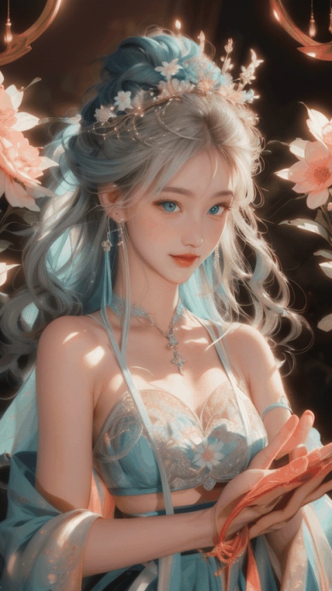 HUBG_Rococo_Style(loanword),
1girl, hanfu, hyper-realistic portrait of a mysterious woman with flowing silver hair, piercing blue eyes, and a delicate floral crown, light smile, own hands together, HUBG_Beauty_Girl, HUBG_Peach_Fuzz, HUBG_CN_illustration