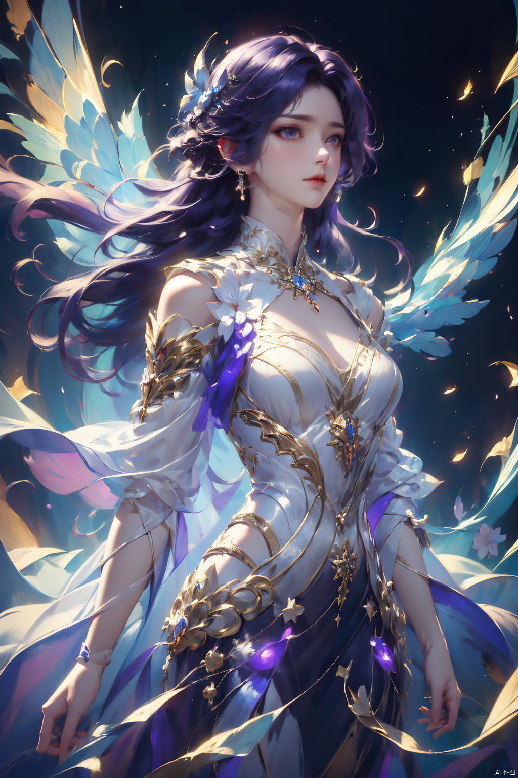  ((4k,masterpiece,best quality)), professional camera, 8k photos, wallpaper
1 girl, solo,purple hair,ethereal fairy, floating on clouds, sparkling gown with iridescent butterfly wings, holding a magic wand, surrounded by dancing fireflies, twilight sky, full moon, mystical forest in the background, glowing mushrooms, enchanted flowers, softly illuminated by bioluminescence, serene expression, delicate features with pointed ears, flowing silver hair adorned with tiny stars, gentle breeze causing her dress and hair to flow ethereally, dreamlike atmosphere, surreal color palette, high dynamic range lighting, intricate details, otherworldly aesthetic.