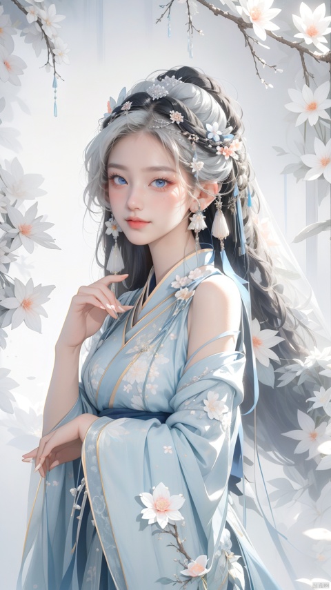  HUBG_Rococo_Style(loanword),
1girl, hanfu, hyper-realistic portrait of a mysterious woman with flowing silver hair, piercing blue eyes, and a delicate floral crown, light smile, own hands together, HUBG_Beauty_Girl, HUBG_Peach_Fuzz, HUBG_CN_illustration