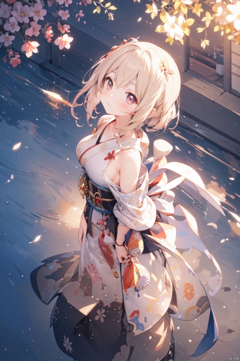  1 girl,yoimiya,fireworks,looking_at_viewer, medium_breasts,bare_shoulders, blurry, breasts,Japanese kimono，mid shot,full body,panorama,depth of field),(looking up),(tyndall effect)