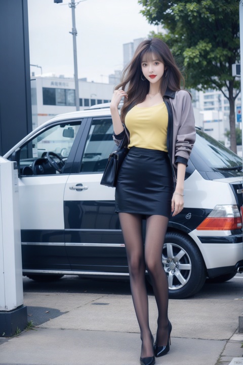  1girl,(huge breasts:1.3, long legs), solo, long_hair, looking_at_viewer, smile, skirt, brown_hair, shirt, black_hair, long_sleeves, brown_eyes, standing, jacket, full_body, pantyhose, outdoors, bag, black_footwear, high_heels, tree, lips, black_shirt, white_skirt, blue_jacket, ground_vehicle, motor_vehicle, pencil_skirt, brown_pantyhose, handbag, shoulder_bag, realistic, car, see-through_legwear,moyou,handbag,skirt,yellow_footwear,high_heels, wangyushan