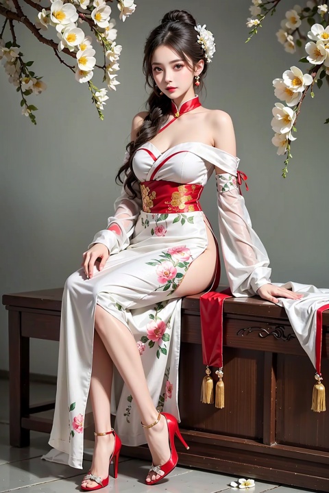 1girl,solo,flower,hair bun,hanfu,water,bare shoulders,black hair,chinese clothes,off shoulder,dress,long sleeves,hair ornament,branch,single hair bun,white flower,leaf,red lips,jewelry,(complex background),(gorgeous costume:1.1),(flowers surround thepicture:1.2), christmas,high_heels,skirt