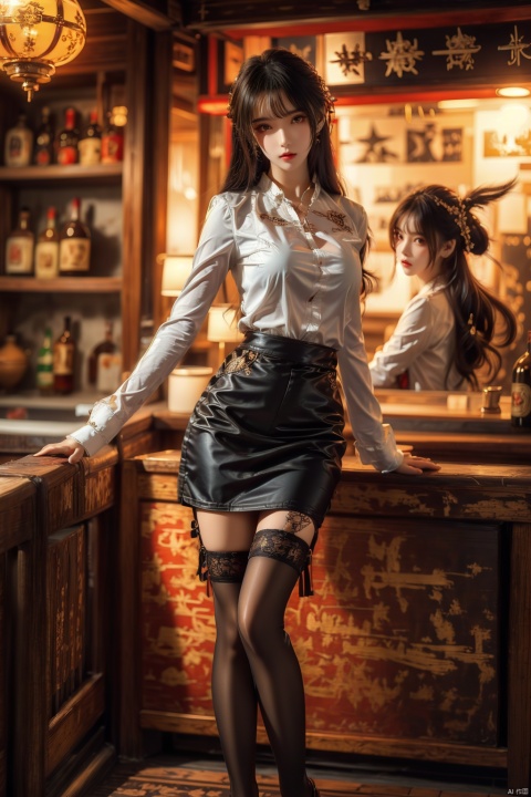  (upper thighs shot:1.3), (cowboy shot:1.3),1girl,solo,long hair,depth of field,blurry background,bar (place),neon lights,fanhuaZ,,(full body:1.1),, (high quality), best quality, (4k), 8k, super detailed, (full detail), (masterpiece), (realistic), super detailed,(Exquisite details) ,intricate, 1girl, pencil_skirt, long_legs,police,pencil_skirt,high_heels,thighhighs