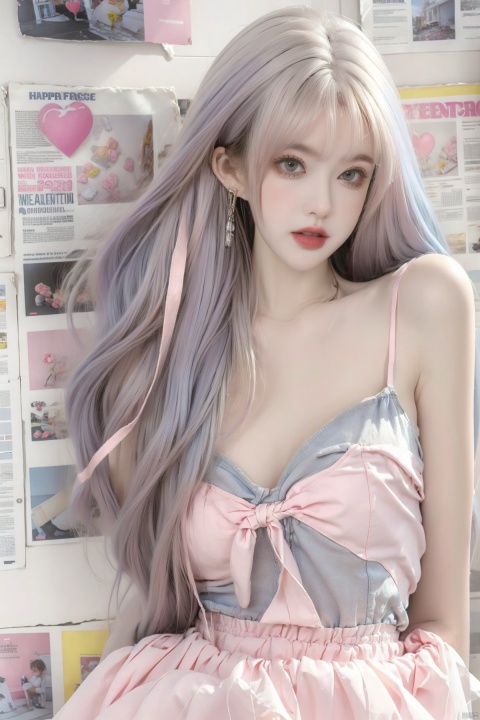  1girl,(((big breasts:1.2))),message hair,(oval face:1.2),lipgloss,the background is a white wall covered with newspapers and stickers,tiled background,(white_skin:1.4),indoor,roomi,the white wall,long hair,decorations,ribbon trim,neon,embellished costume,ornament,close_mouth,(happy_valentine:1.2),ornament,loose belt,(baby face:1.2),pose for the mirror,having a dual tone hair blend of light blue and light pink,(with long bangs covering one eye:1),eye_contact,glint,8k,masterpiece,best quality,Girl's face,makeup,fundoshi,mascara,(colored_eyelashes:1.1),,(The upper body includes the thighs:1.4),yellow_footwear,high_heels,white_footwear