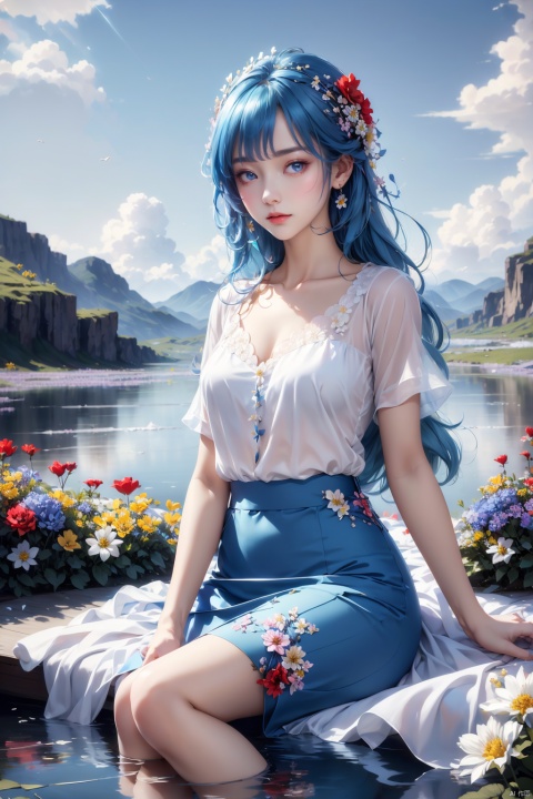  best quality, masterpiece, illustration, (reflection light), incredibly absurdres, (Movie Poster), (signature:1.3), (English text:1.3), 1girl, girl middle of flower, pure skyblue hair, red eyes, clear sky, outside, collarbone, loli, sitting, absurdly long hair, clear boundaries of the cloth, white dress, fantastic scenery, ground of flowers, thousand of flowers, colorful flowers, flowers around her, various flowers,
, xiqing,police,pantyhose,pencil_skirt