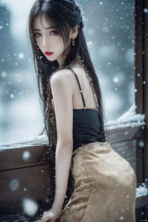  Best quality, masterpiece, photorealistic, 32K uhd, official Art,
1girl, dofas, solo,upper body, snowing, blurry, 1girl,pencil_skirt,yellow_footwear,high_heels,pinstripe_suit