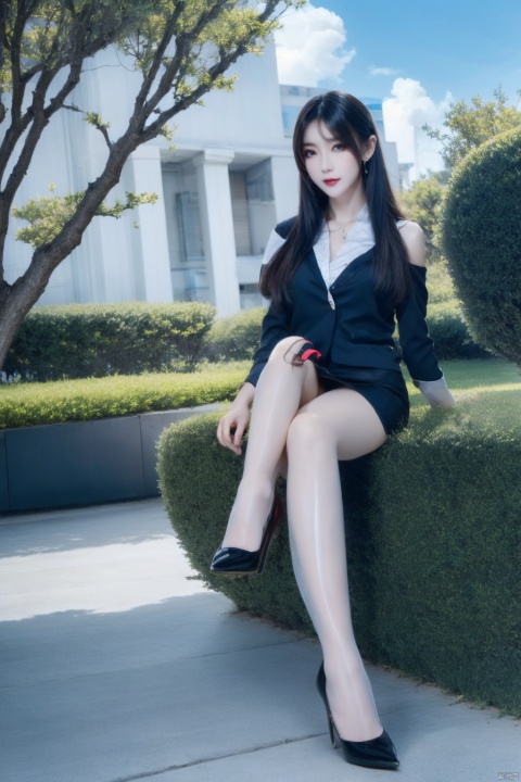  Fisheye perspective, looking from bottom to top, face looking towards the viewer,,1gril, smile,business attire, black suit jacket, white collared shirt, short skirt, pantyhose, high heels, serious expression, outdoor, blue sky and white clouds, trees, plants, focused eyes, high definition, 8k resolution, complex background, light makeup, Shoulder-length straight hair, minimalist jewelry, neat lines and clear details, and a powerful posture, showing a strong aura., hand101, tutututu,black_pantyhose, 1girl,high_heels,black_hair,pencil_skirt,yellow_footwear