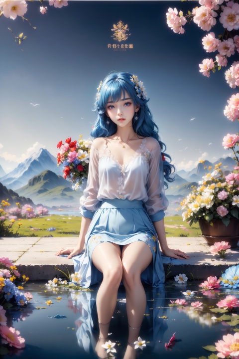  best quality, masterpiece, illustration, (reflection light), incredibly absurdres, (Movie Poster), (signature:1.3), (English text:1.3), 1girl, girl middle of flower, pure skyblue hair, red eyes, clear sky, outside, collarbone, loli, sitting, absurdly long hair, clear boundaries of the cloth, white dress, fantastic scenery, ground of flowers, thousand of flowers, colorful flowers, flowers around her, various flowers,
, xiqing,police,pantyhose,pencil_skirt