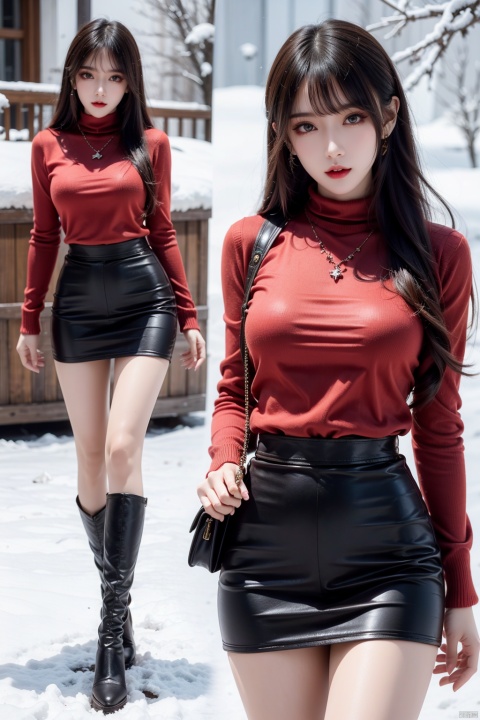  A 20-year-old girl wearing (red turtleneck knitted sweater) and (long leather boots) has a full-body lens, full-body photo, thin legs, slender figure, hourglass figure, extremely beautiful and delicate, (light makeup), brown hair, sweet smile, delicate and white skin, realistic, delicate and complete facial features, detailed facial depiction, Qiong nose and vermilion lips, soft and smooth hair, soft temperament, face lighting, realism, 8K picture quality, extreme details, master works, beautiful, pure desire, beautiful, 8k resolution, facing the middle scene of the camera, walking in the snow, 1girl,skirt,handbag,hand_on_hip,underwear,jacket