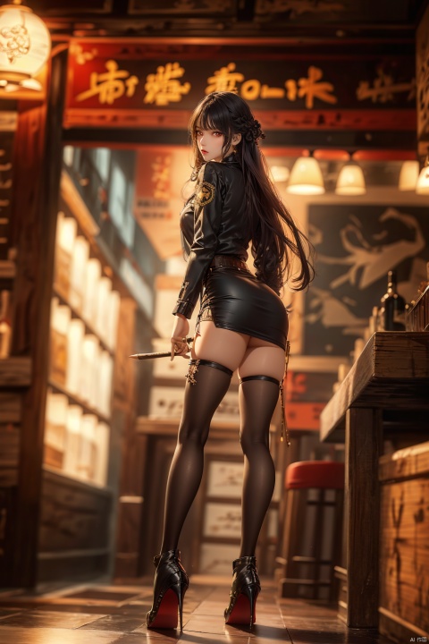  (upper thighs shot:1.3), (cowboy shot:1.3),1girl,solo,long hair,depth of field,blurry background,bar (place),neon lights,fanhuaZ,,(full body:1.1),, (high quality), best quality, (4k), 8k, super detailed, (full detail), (masterpiece), (realistic), super detailed,(Exquisite details) ,intricate, 1girl, pencil_skirt, long_legs,police,pencil_skirt,high_heels,thighhighs