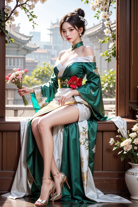  1girl,solo,flower,hair bun,hanfu,water,bare shoulders,black hair,chinese clothes,off shoulder,dress,long sleeves,hair ornament,branch,single hair bun,white flower,leaf,red lips,jewelry,(complex background),(gorgeous costume:1.1),(flowers surround thepicture:1.2), christmas,high_heels,skirt