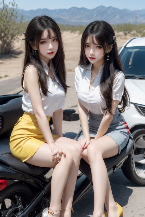  (2_girls::1.7),twins,kind smile, ((close-up)),Masterpiece,best quality,Highest picture quality,ultra-detailed,top quality,two girls driving a motorcycle,bare long leg,desert background, yhmotorbike,moyou,wangyushan, ((poakl)), 1girl,high_heels,yellow_footwear,long_hair,black_hair,pencil_skirt