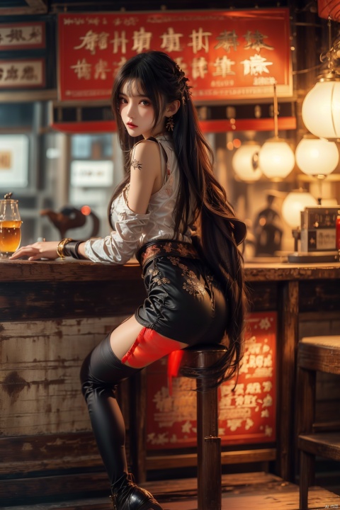  (upper thighs shot:1.3), (cowboy shot:1.3),1girl,solo,long hair,depth of field,blurry background,bar (place),neon lights,fanhuaZ,,(full body:1.1),, (high quality), best quality, (4k), 8k, super detailed, (full detail), (masterpiece), (realistic), super detailed,(Exquisite details) ,intricate, 1girl, pencil_skirt, long_legs,police,pencil_skirt,high_heels,thighhighs