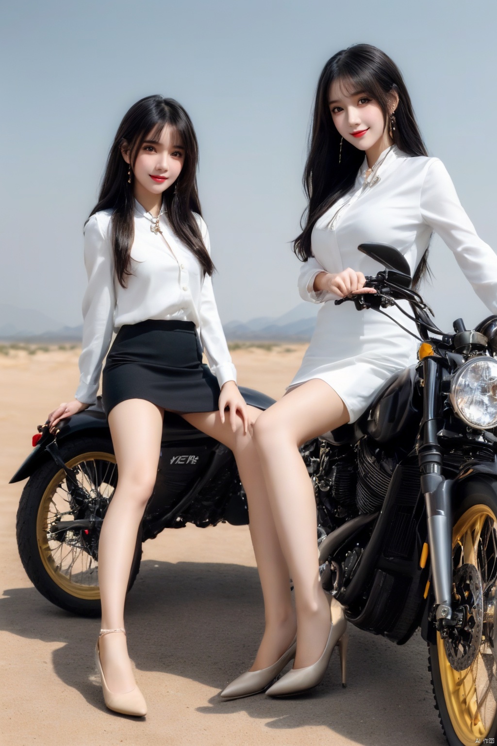  (2_girls::1.7),twins,kind smile, ((close-up)),Masterpiece,best quality,Highest picture quality,ultra-detailed,top quality,two girls driving a motorcycle,bare long leg,desert background, yhmotorbike,moyou,wangyushan, ((poakl)), 1girl,high_heels,yellow_footwear,long_hair,black_hair,pencil_skirt