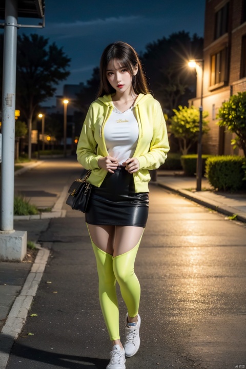  1girl, solo, (best quality, masterpiece, ultra-high resolution, 4K, HDR, UHD, 64K, official art), (photorealistic:1.3, realistic:1.3), (Golden hour),(road, street lamp, neon lights, river), (Canon RF 85mm f/1.2L 85mm),floating hair, long hair, brown hair,long legs,(full body:1.3), (busty:1.2),(standing:1.3), (large breasts:1.3), facing viewer, (long buttoned hoodie:1.2), ([canary]canary_leggings:1.2), (running shoes), (school bag:1.2),(sex pose, seductive pose), blue white uniform,high_heels,skirt,yellow_footwear,black_hair,long_hair