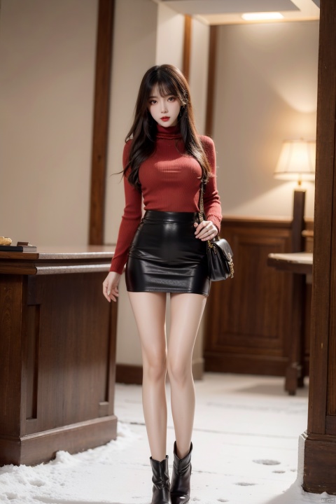  A 20-year-old girl wearing (red turtleneck knitted sweater) and (long leather boots) has a full-body lens, full-body photo, thin legs, slender figure, hourglass figure, extremely beautiful and delicate, (light makeup), brown hair, sweet smile, delicate and white skin, realistic, delicate and complete facial features, detailed facial depiction, Qiong nose and vermilion lips, soft and smooth hair, soft temperament, face lighting, realism, 8K picture quality, extreme details, master works, beautiful, pure desire, beautiful, 8k resolution, facing the middle scene of the camera, walking in the snow, 1girl,skirt,handbag,hand_on_hip,underwear,jacket