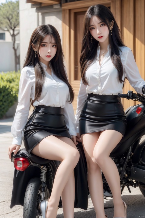  (2_girls::1.7),twins,kind smile, ((close-up)),Masterpiece,best quality,Highest picture quality,ultra-detailed,top quality,two girls driving a motorcycle,bare long leg,desert background, yhmotorbike,moyou,wangyushan, ((poakl)), 1girl,high_heels,yellow_footwear,long_hair,black_hair,pencil_skirt