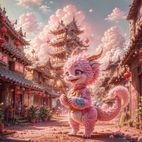  (Masterpiece:1.5),(Best Quality:1.5),High Resolution,Highly Detailed,(Low Contrast:1.1),Full body photo,.official art,Pixar animation style,Chinese NewYear, pink background, made of marshmallow material, abig blue and pink Chinese dragon with a big smile, its taiis like a cloud, it has a colorful cloud on its head, standing next to it is a super cute little girl wearing traditional Chinese clothing, strong light effect,|key visual| intricate| highly detailed| breathtaking beauty| digital lineart| vibrant|, Cyberpunk Concept