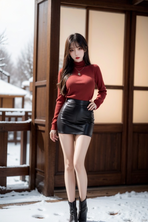  A 20-year-old girl wearing (red turtleneck knitted sweater) and (long leather boots) has a full-body lens, full-body photo, thin legs, slender figure, hourglass figure, extremely beautiful and delicate, (light makeup), brown hair, sweet smile, delicate and white skin, realistic, delicate and complete facial features, detailed facial depiction, Qiong nose and vermilion lips, soft and smooth hair, soft temperament, face lighting, realism, 8K picture quality, extreme details, master works, beautiful, pure desire, beautiful, 8k resolution, facing the middle scene of the camera, walking in the snow, 1girl,skirt,handbag,hand_on_hip,underwear,jacket