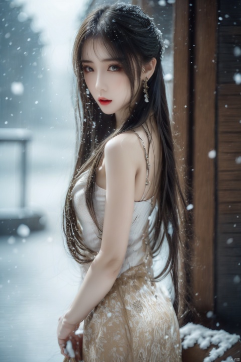  Best quality, masterpiece, photorealistic, 32K uhd, official Art,
1girl, dofas, solo,upper body, snowing, blurry, 1girl,pencil_skirt,yellow_footwear,high_heels,pinstripe_suit