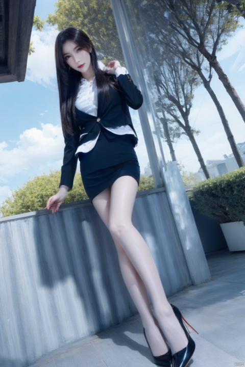  Fisheye perspective, looking from bottom to top, face looking towards the viewer,,1gril, smile,business attire, black suit jacket, white collared shirt, short skirt, pantyhose, high heels, serious expression, outdoor, blue sky and white clouds, trees, plants, focused eyes, high definition, 8k resolution, complex background, light makeup, Shoulder-length straight hair, minimalist jewelry, neat lines and clear details, and a powerful posture, showing a strong aura., hand101, tutututu,black_pantyhose, 1girl,high_heels,black_hair,pencil_skirt,yellow_footwear
