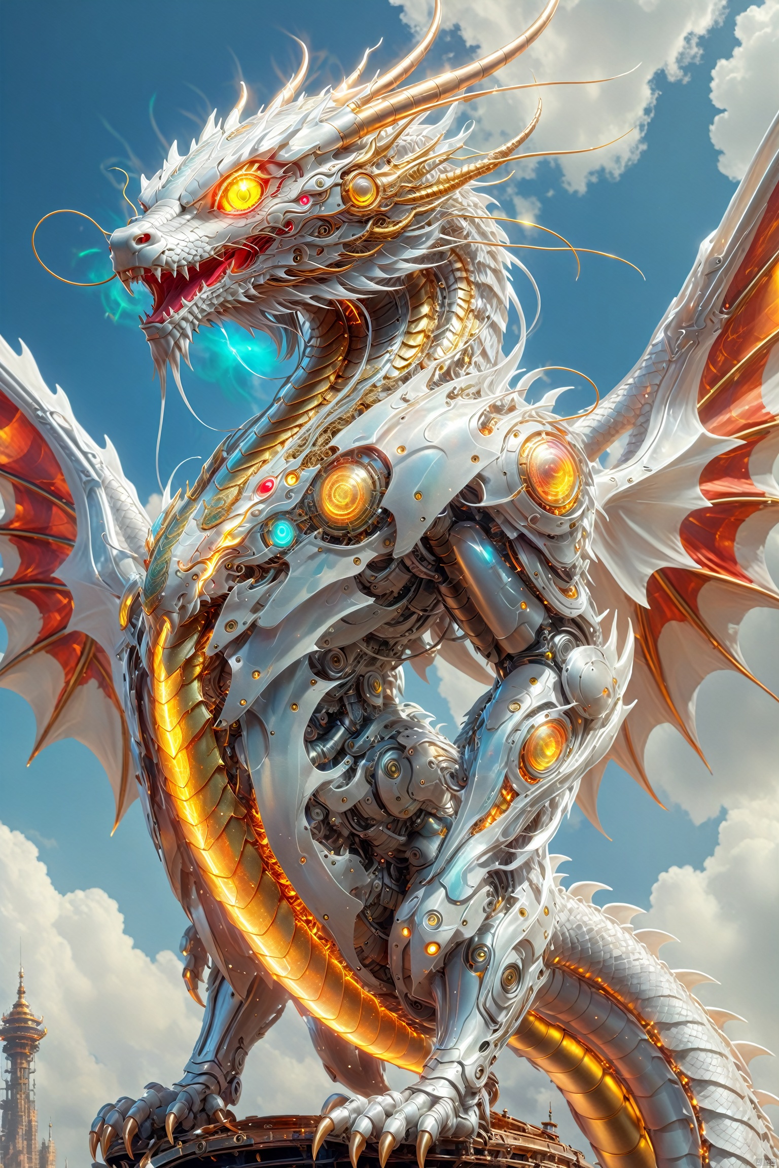  A huge cyberpunk style dragon is flying in the sky, its body made of metal and machinery, shining with golden light. Its wings spread out, as if flying in the clouds. The dragon's eyes emit a laser, giving people a mysterious and powerful feeling. High definition, clear and realistic painting art