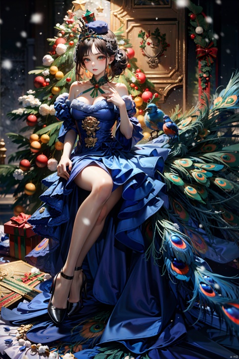  (best quality)(masterpiece) , Peacock Girl, (Solo) , (Snow: 1.5) , (snow forest background)-Christmas Red Velvet Shawl, velvet Antler Tiara) , photography style, soft focus, Christmas hat, hands holding a beautiful gift box, many colorful gift boxes falling to the ground, blonde hair, freckles, detailed Christmas lights Christmas Tree Christmas presents Christmas stockings, white lace knee socks, warm light, tiara, 1girl,high_heels,white_footwear,background