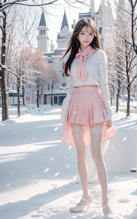  1 girl,Transparent skirt,pink face,stockings,(snow:1.2),(snowing:1.2),peach blossom,snow,solo,scarf,pink hair,smile,long hair,bokeh,realistic,long coat,blurry, captivating gaze, embellished clothing, natural light, shallow depth of field, romantic setting, dreamy pastel color palette, whimsical details, captured on film,. (Original Photo, Best Quality), (Realistic, Photorealistic: 1.3), Clean, Masterpiece, Fine Detail, Masterpiece, Ultra Detailed, High Resolution, (Best Illustration), (Best Shadows), Complex, Bright light, modern clothing, (pastoral: 1.3), smiling,standing,(very very short skirt:1.5),knee socks,(white shoes: 1.4),long legs, forest, grassland,(view: 1.3), 21yo girl, striped, wangyushan, capricornus, 1girl, light master,high_heels,yellow_footwear,underwear,thighhighs