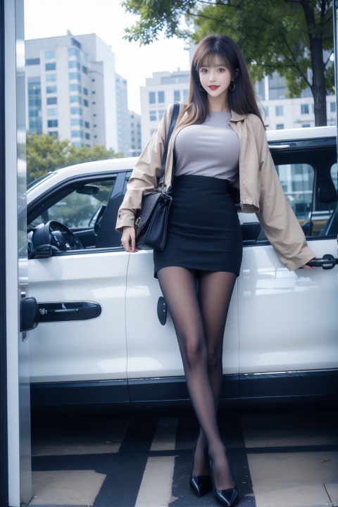  1girl,(huge breasts:1.3, long legs), solo, long_hair, looking_at_viewer, smile, skirt, brown_hair, shirt, black_hair, long_sleeves, brown_eyes, standing, jacket, full_body, pantyhose, outdoors, bag, black_footwear, high_heels, tree, lips, black_shirt, white_skirt, blue_jacket, ground_vehicle, motor_vehicle, pencil_skirt, brown_pantyhose, handbag, shoulder_bag, realistic, car, see-through_legwear,moyou,handbag,skirt,yellow_footwear,high_heels, wangyushan