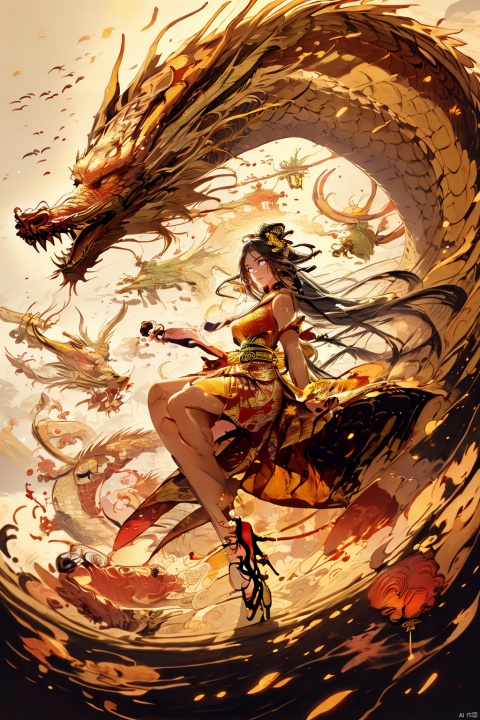  Chinese dragon, (peeks out), soaring in the sky, 1 girl,white hair,white pantyhose,long and majestic dragon body, highest quality, masterpiece, epic beauty,Outdoor, (Macaron color :1.2), Ancient Chinese architecture, Tower Pavilion, Terrace, Flying in the Sky, Majestic, Dreamlike style, Chinese Architecture, Sunset, cloud tops, verdant, peach blossoms, textured skin, Super detail, best quality, visual art, God beast, ink paniting, white pantyhose, 1girl,high_heels,yellow_footwear,pencil_skirt,white_footwear