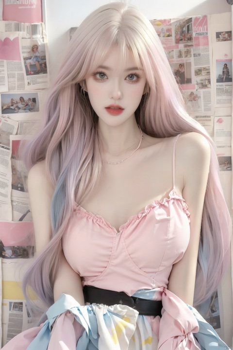  1girl,(((big breasts:1.2))),message hair,(oval face:1.2),lipgloss,the background is a white wall covered with newspapers and stickers,tiled background,(white_skin:1.4),indoor,roomi,the white wall,long hair,decorations,ribbon trim,neon,embellished costume,ornament,close_mouth,(happy_valentine:1.2),ornament,loose belt,(baby face:1.2),pose for the mirror,having a dual tone hair blend of light blue and light pink,(with long bangs covering one eye:1),eye_contact,glint,8k,masterpiece,best quality,Girl's face,makeup,fundoshi,mascara,(colored_eyelashes:1.1),,(The upper body includes the thighs:1.4),yellow_footwear,high_heels,white_footwear