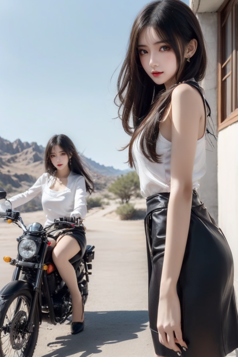  (2_girls::1.7),twins,kind smile, ((close-up)),Masterpiece,best quality,Highest picture quality,ultra-detailed,top quality,two girls driving a motorcycle,bare long leg,desert background, yhmotorbike,moyou,wangyushan, ((poakl)), 1girl,high_heels,yellow_footwear,long_hair,black_hair,pencil_skirt