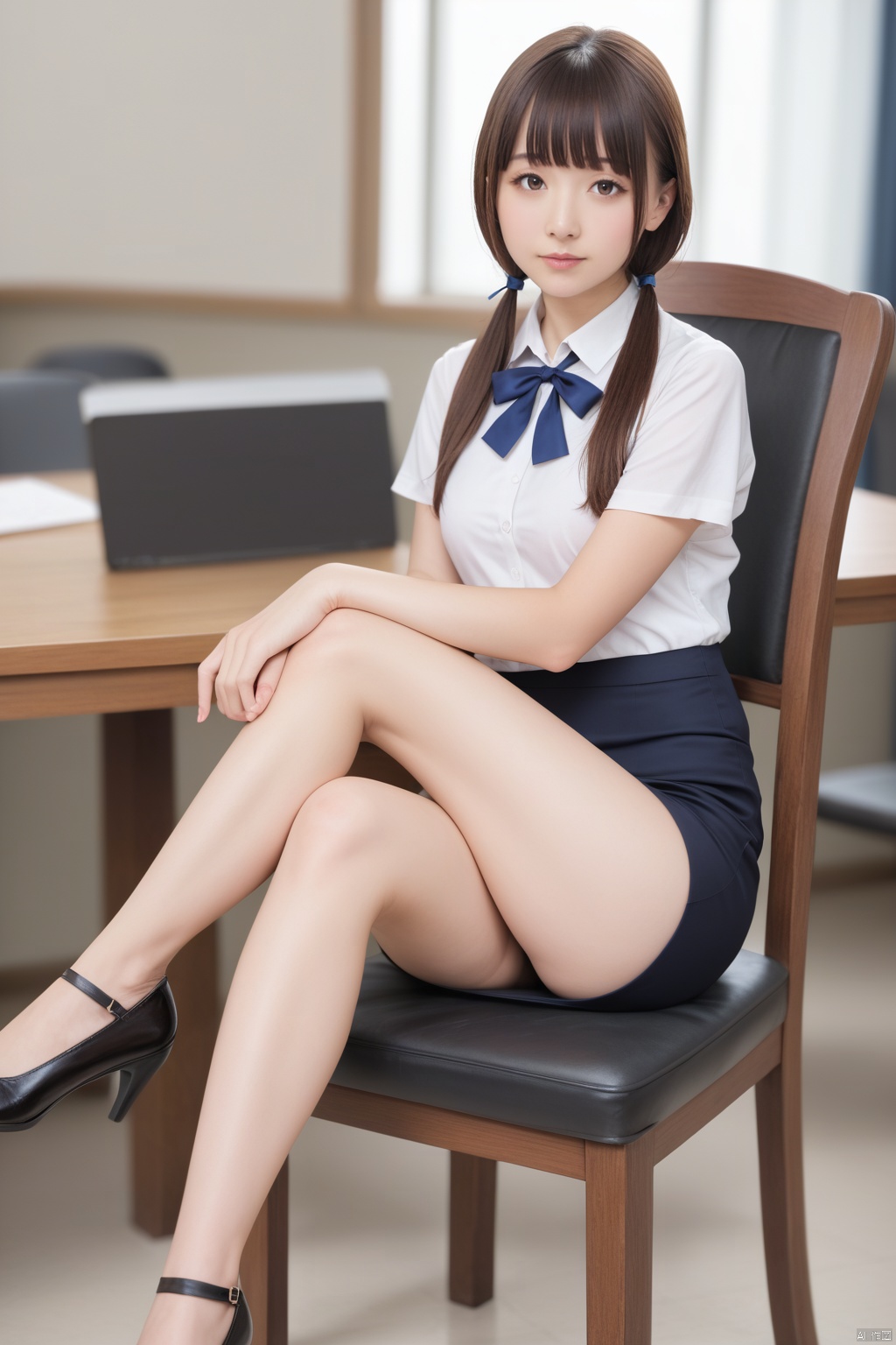  masterpiece,ultra high res,realistic,finely detail,extremely detailed,1girl,solo,skirt,chair,sitting,shirt,low twintails,long hair,looking at viewer,short sleeves,indoors,white shirt,brown hair,realistic,bangs,blurry,black skirt,ribbon,blurry background,blue ribbon,brown eyes,on chair,blunt bangs,hand on own knee,collared shirt,pencil skirt,depth of field,table,desktop,(crossed legs)