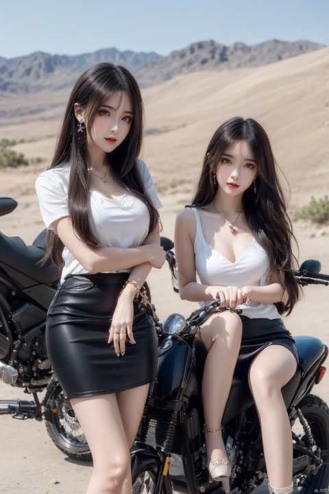  (2_girls::1.7),twins,kind smile, ((close-up)),Masterpiece,best quality,Highest picture quality,ultra-detailed,top quality,two girls driving a motorcycle,bare long leg,desert background, yhmotorbike,moyou,wangyushan, ((poakl)), 1girl,high_heels,yellow_footwear,long_hair,black_hair,pencil_skirt