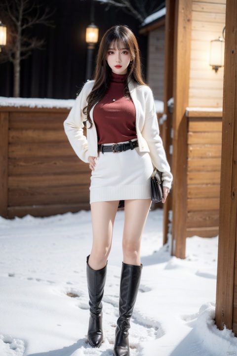  A 20-year-old girl wearing (red turtleneck knitted sweater) and (long leather boots) has a full-body lens, full-body photo, thin legs, slender figure, hourglass figure, extremely beautiful and delicate, (light makeup), brown hair, sweet smile, delicate and white skin, realistic, delicate and complete facial features, detailed facial depiction, Qiong nose and vermilion lips, soft and smooth hair, soft temperament, face lighting, realism, 8K picture quality, extreme details, master works, beautiful, pure desire, beautiful, 8k resolution, facing the middle scene of the camera, walking in the snow, 1girl,skirt,handbag,hand_on_hip,underwear,jacket