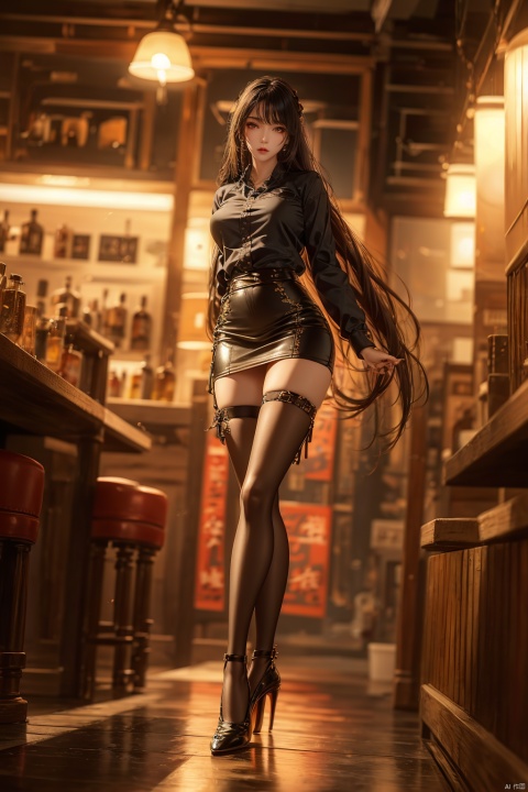  (upper thighs shot:1.3), (cowboy shot:1.3),1girl,solo,long hair,depth of field,blurry background,bar (place),neon lights,fanhuaZ,,(full body:1.1),, (high quality), best quality, (4k), 8k, super detailed, (full detail), (masterpiece), (realistic), super detailed,(Exquisite details) ,intricate, 1girl, pencil_skirt, long_legs,police,pencil_skirt,high_heels,thighhighs