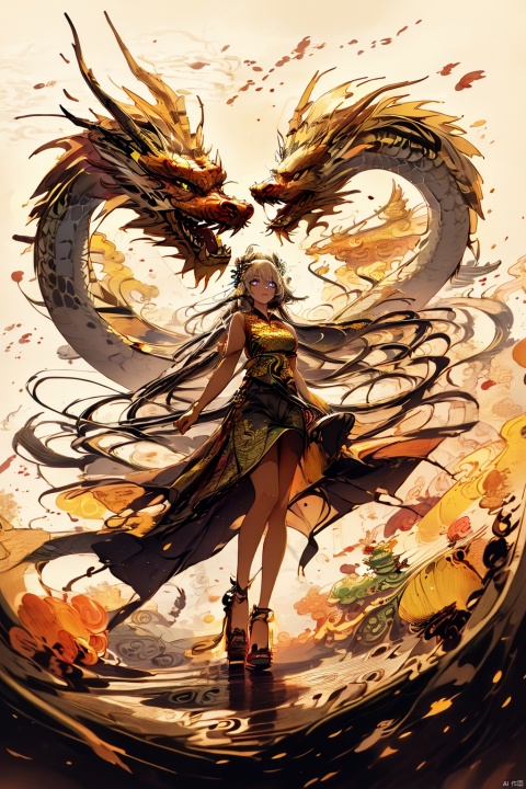  Chinese dragon, (peeks out), soaring in the sky, 1 girl,white hair,white pantyhose,long and majestic dragon body, highest quality, masterpiece, epic beauty,Outdoor, (Macaron color :1.2), Ancient Chinese architecture, Tower Pavilion, Terrace, Flying in the Sky, Majestic, Dreamlike style, Chinese Architecture, Sunset, cloud tops, verdant, peach blossoms, textured skin, Super detail, best quality, visual art, God beast, ink paniting, white pantyhose, 1girl,high_heels,yellow_footwear,pencil_skirt,white_footwear