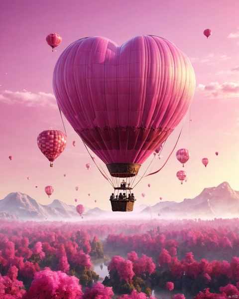 Masterpiece, best quality, stunning details, realistic (pink scene), pink forest, pink sky, pink heart-shaped hot air balloon, a couple kissing on the hot air balloon, excellent composition,