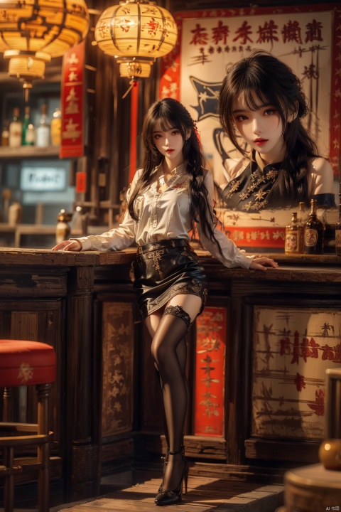  (upper thighs shot:1.3), (cowboy shot:1.3),1girl,solo,long hair,depth of field,blurry background,bar (place),neon lights,fanhuaZ,,(full body:1.1),, (high quality), best quality, (4k), 8k, super detailed, (full detail), (masterpiece), (realistic), super detailed,(Exquisite details) ,intricate, 1girl, pencil_skirt, long_legs,police,pencil_skirt,high_heels,thighhighs