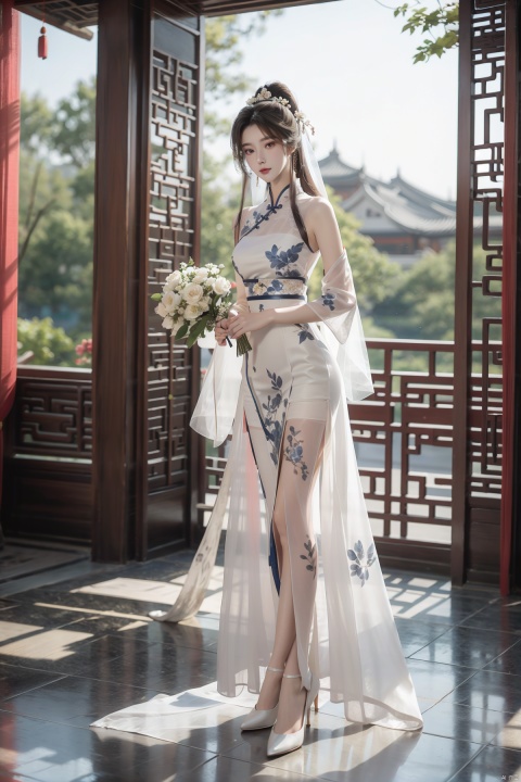  masterpiece, The best quality, 1girl, luxurious wedding dress, dreamy scene, white background, front viewer, looking at viewer, Flowers, romantic, Bride, Translucent white turban, UHD, 16k, , sparkling dress, yunbin, full_body, white stockings, wangyushan, Liu Yifei, chinese dress,white dress,
chinese clothes,dress,white dress,floral print,china dress,blue dress,hanfu,long sleeves,print dress,robe,skirt,sleeveless dress,widesleeves,yellow_footwear,high_heels,handbag