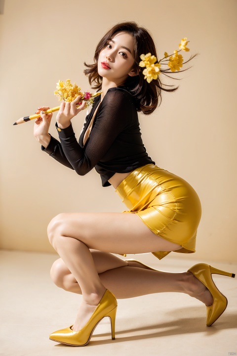  (1girl:1.1),stars in the eyes,(pure girl:1.1),(full body:0.6),There are many scattered luminous petals,contour deepening,white_background,cinematic angle,gold powder,, 1girl,yellow_footwear,high_heels,pencil_skirt,thighhighs