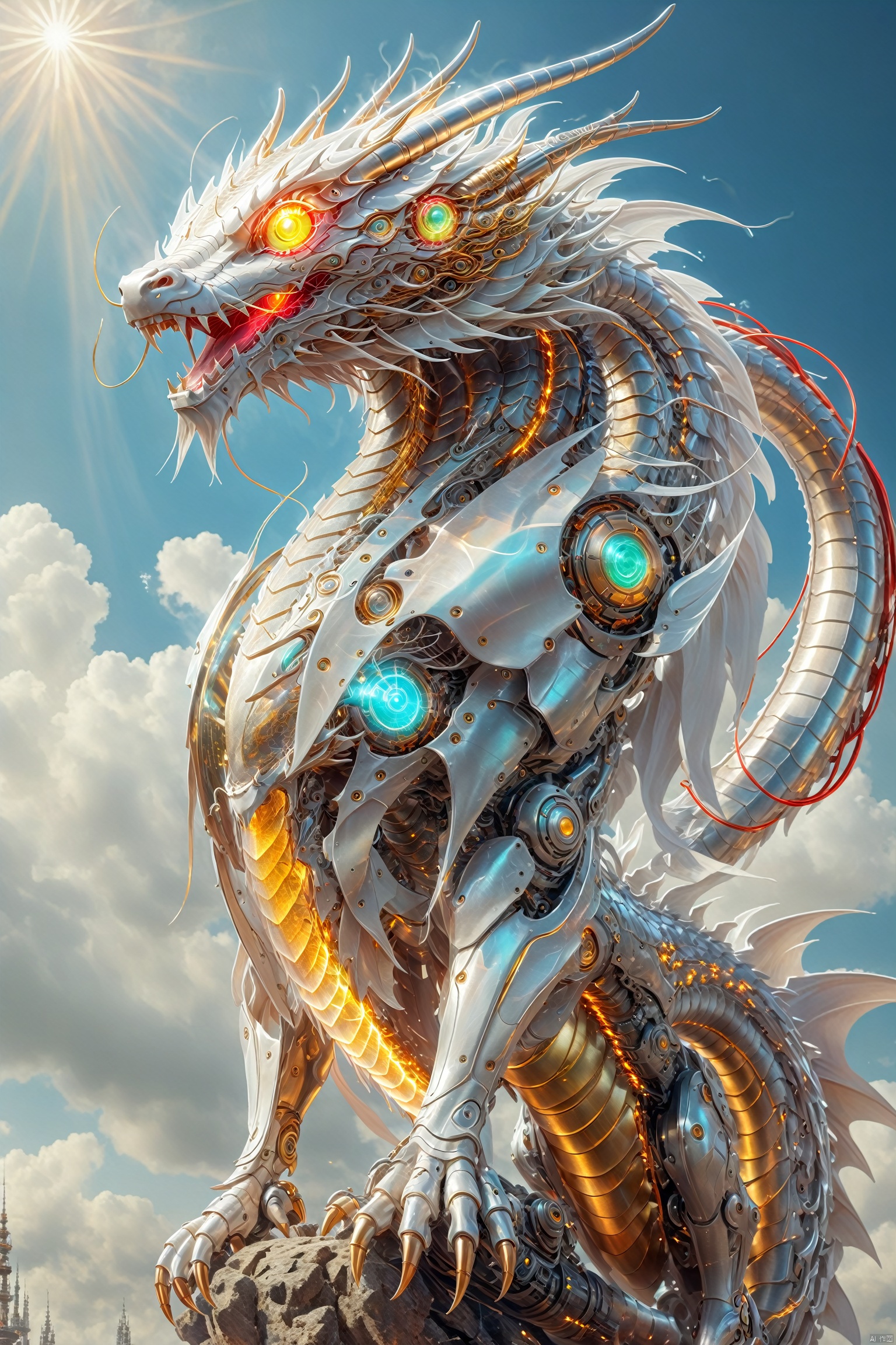  A huge cyberpunk style dragon is flying in the sky, its body made of metal and machinery, shining with golden light. Its wings spread out, as if flying in the clouds. The dragon's eyes emit a laser, giving people a mysterious and powerful feeling. High definition, clear and realistic painting art